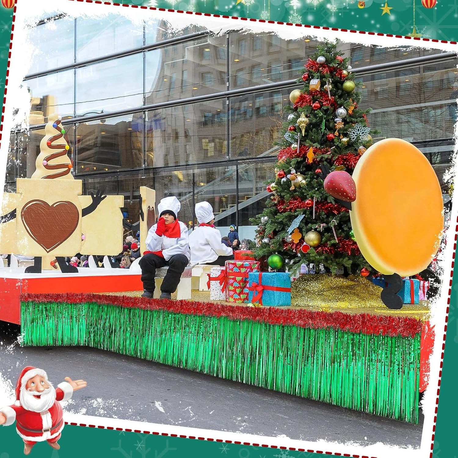 Crowye 20 Pcs Christmas Parade Float Decoration Kit Include 8pcs 9ft Foil Fringe Table Skirt, 12pcs 6.6ft Metallic Tinsel Garland for Trailer Car Float Supplies Decor(Green Table Skirt, Red Garland)