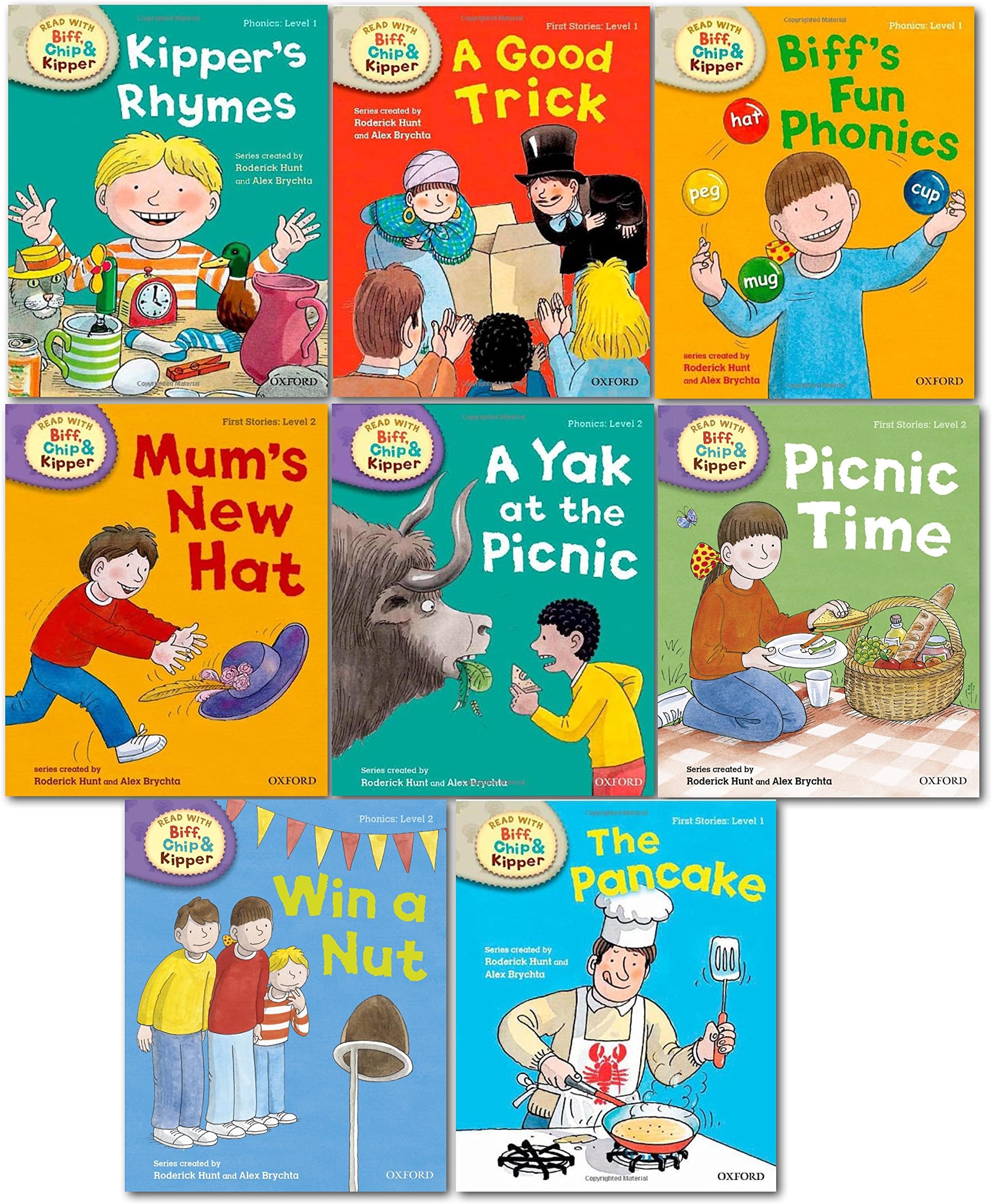 Oxford Reading Tree Read With Biff Chip Kipper Phonics & First Stories Collection 8 Books Set Level 1 & 2 Kipper's Rhymes, Biff's Fun Phonics, A Good Trick, The Pancake, Win a Nut, A Yak at the Picnic, Mum's New Hat and Picnic Time... Hardcover – January 1, 2014