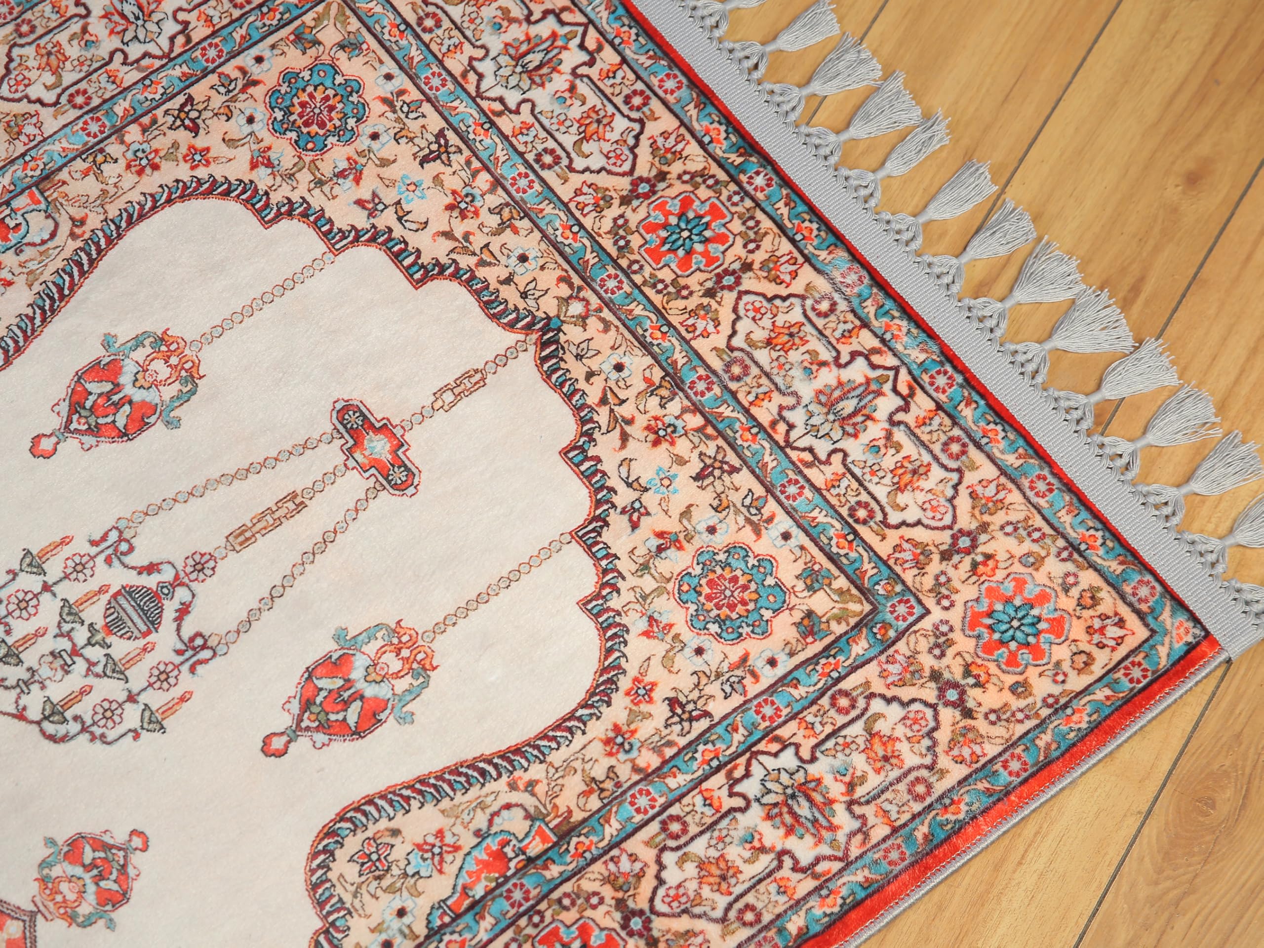 allmode homestyle şekil Tapis de prière traditionnel turc - Corail rouge et beige - Pompons décoratifs - Motif floral