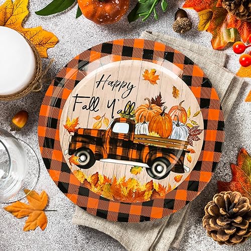 Miniatura 4 de Whaline 40 platos de papel de otoño de 9 pulgadas, platos de papel desechables a cuadros de búfalo naranja y negro, platos de papel desechables de