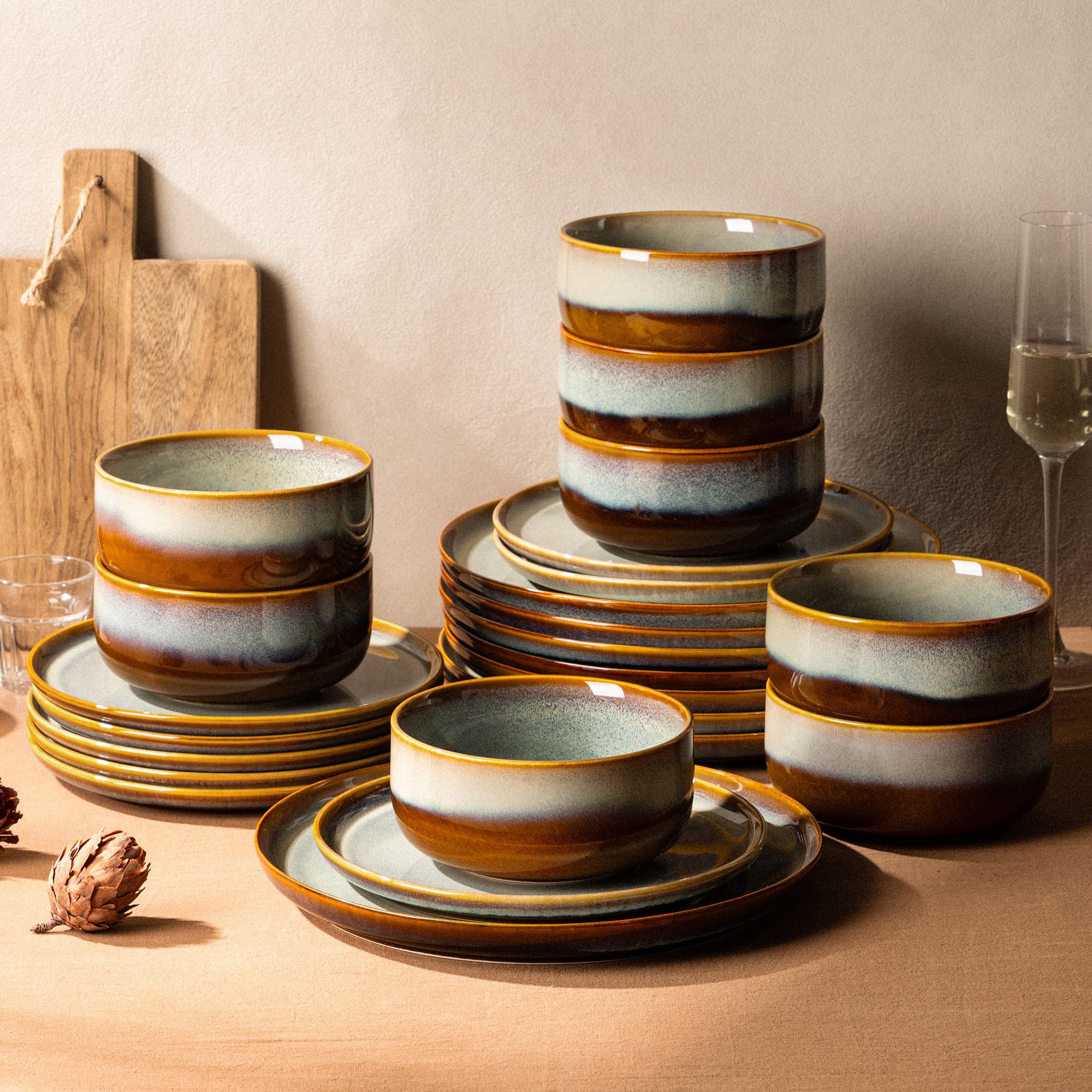 Ceramic Dinnerware Set for 8, 24-Piece Plates and Bowls Set | Handmade Reactive Glaze Dish Set, Scratch Resistant, Oven &amp; Microwave &amp; Dishwasher Safe, Dusk Blue