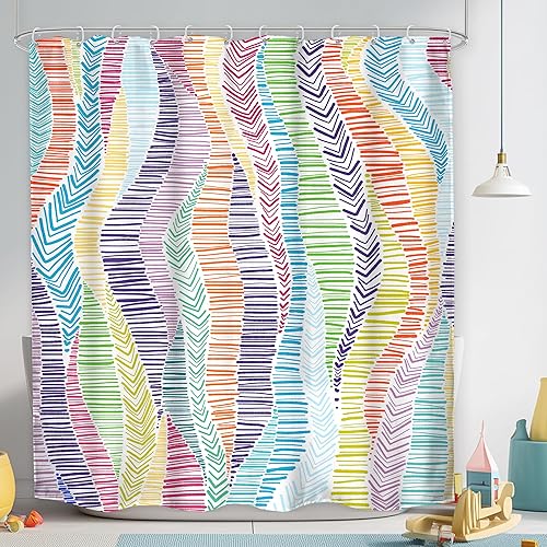 LGhtyro Colorful Boho Rainbow Shower Curtain Bathroom Set 60Wx71H Inches Geometric Wave Retro Lines Abstract Aesthetic Minimalist Neutral Bath