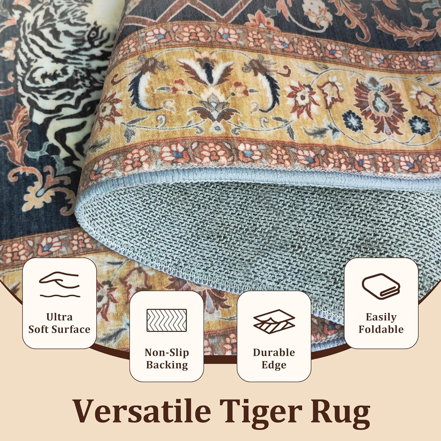 Tiger Print Rug for Living Room: 5x7 Boho Washable Area Rugs Tropical Jungle Animal Carpet Vintage Decor for Home Bedroom