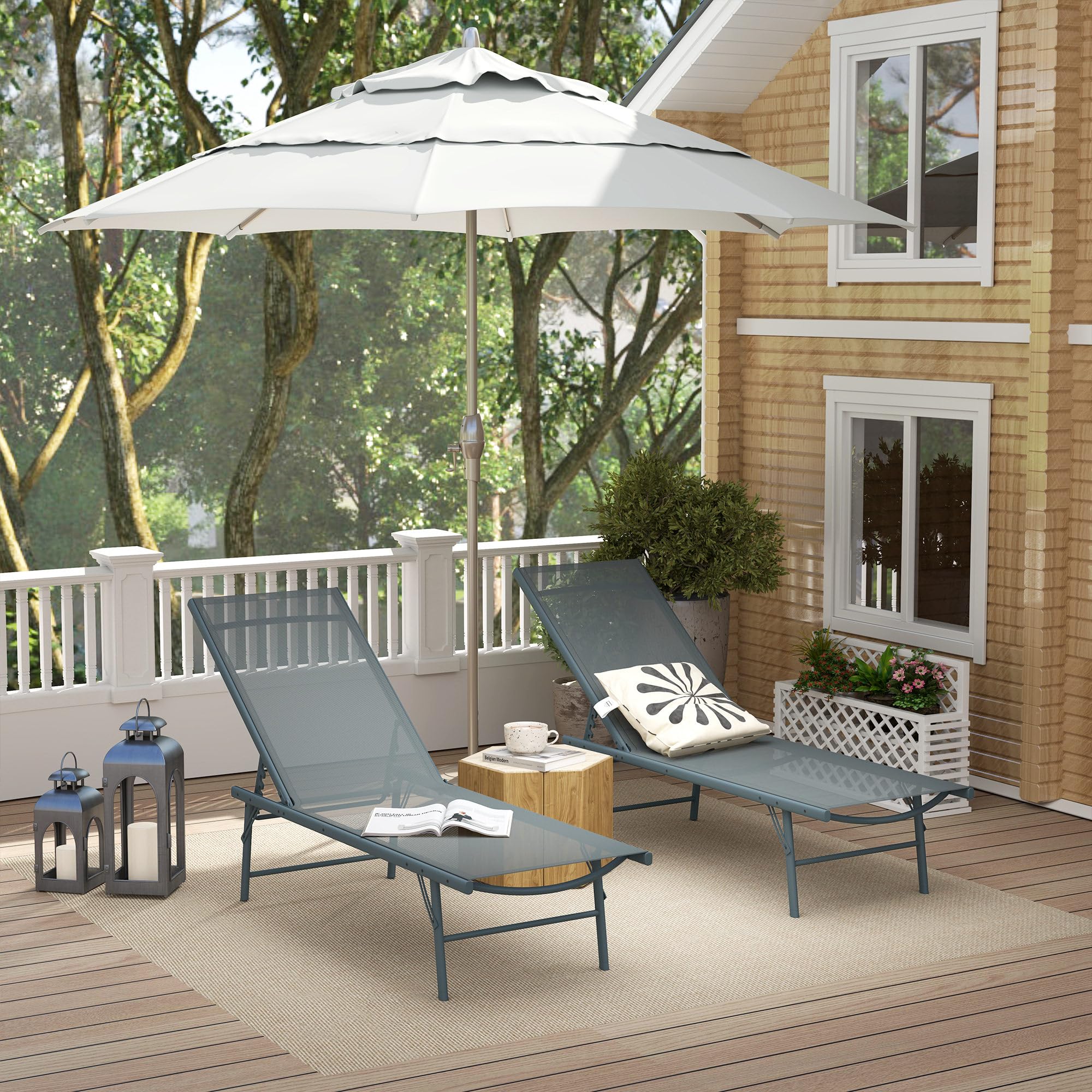 Outsunny Lot de 2 Bain de Soleil Pliants Textilène 90x65x112cm Gris Clair | Chaise Longue avec Appuie-Tête, Transat Jardin Extérieur Inclinable, Plage Camping Piscine Terrasse