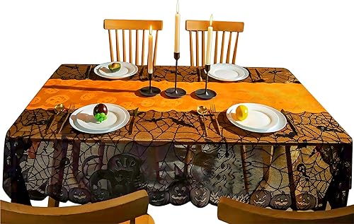 IXI Juego de 2 manteles de encaje con diseño de telaraña de Halloween, diseño de farol de calabaza, decoración de fiesta de Halloween, tres métodos