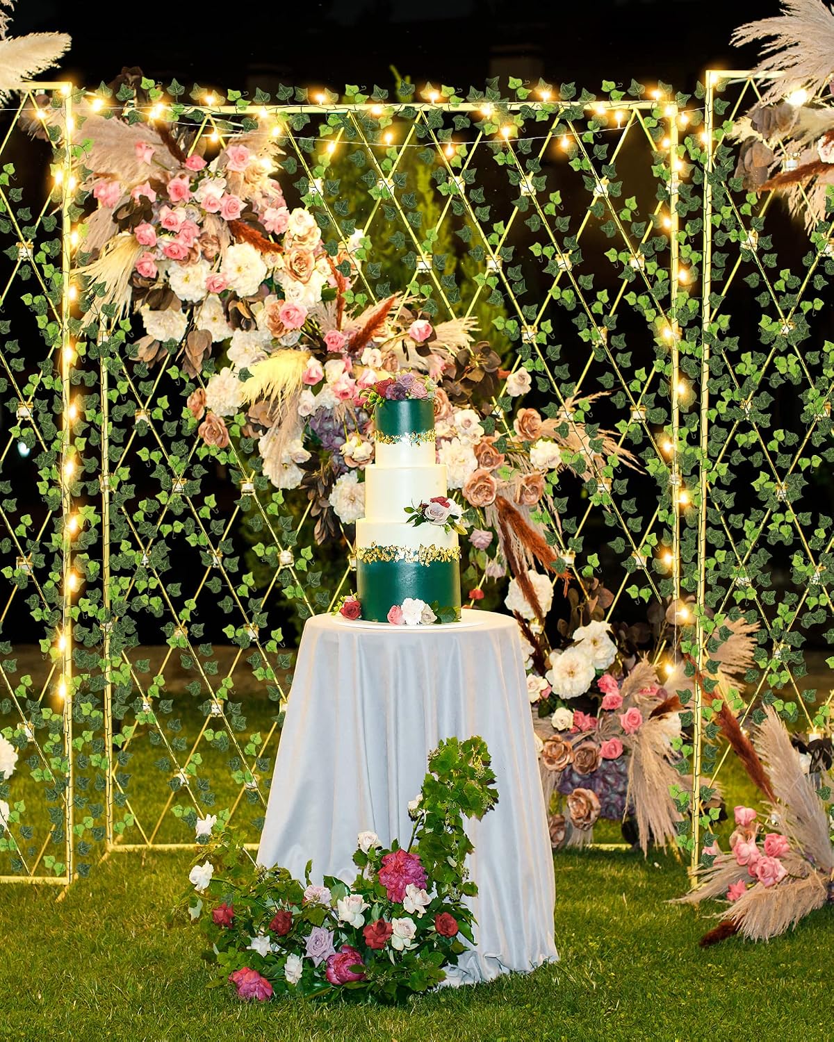 JACKYLED 90Ft 12 Pack Artificial Ivy Garland with 200 LED String Light, Fake Ivy Garland Vines with Deep Green and Light Green Leaves, Hanging Vines Fake Plants for Bedroom Garden Party Wall Decor