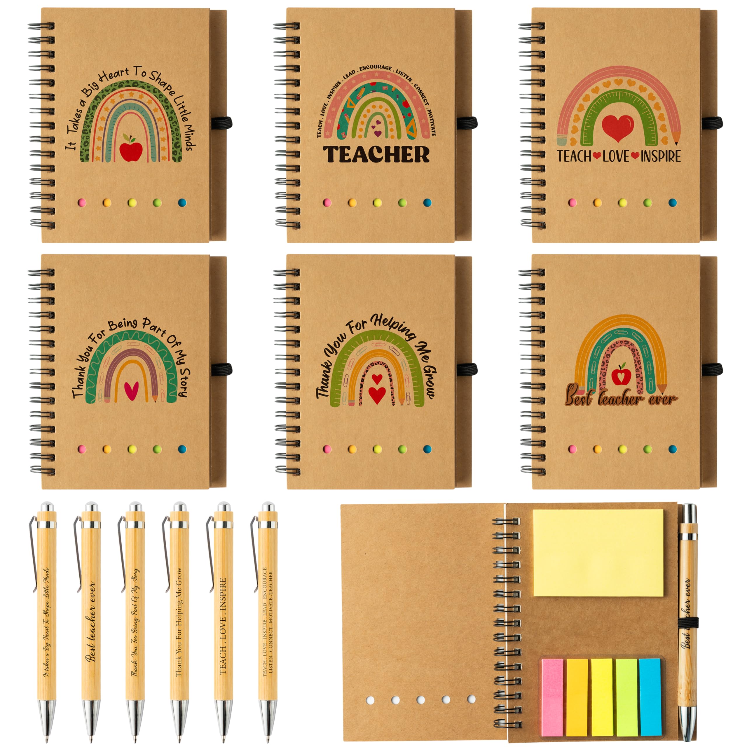 ANGOLIO Teacher Sticky Notes Set - 12Pcs Rainbow Wirebound Spiral Notebook Kraft Cover Notepads Colored Sticky Notes Flags with Bamboo Pens for