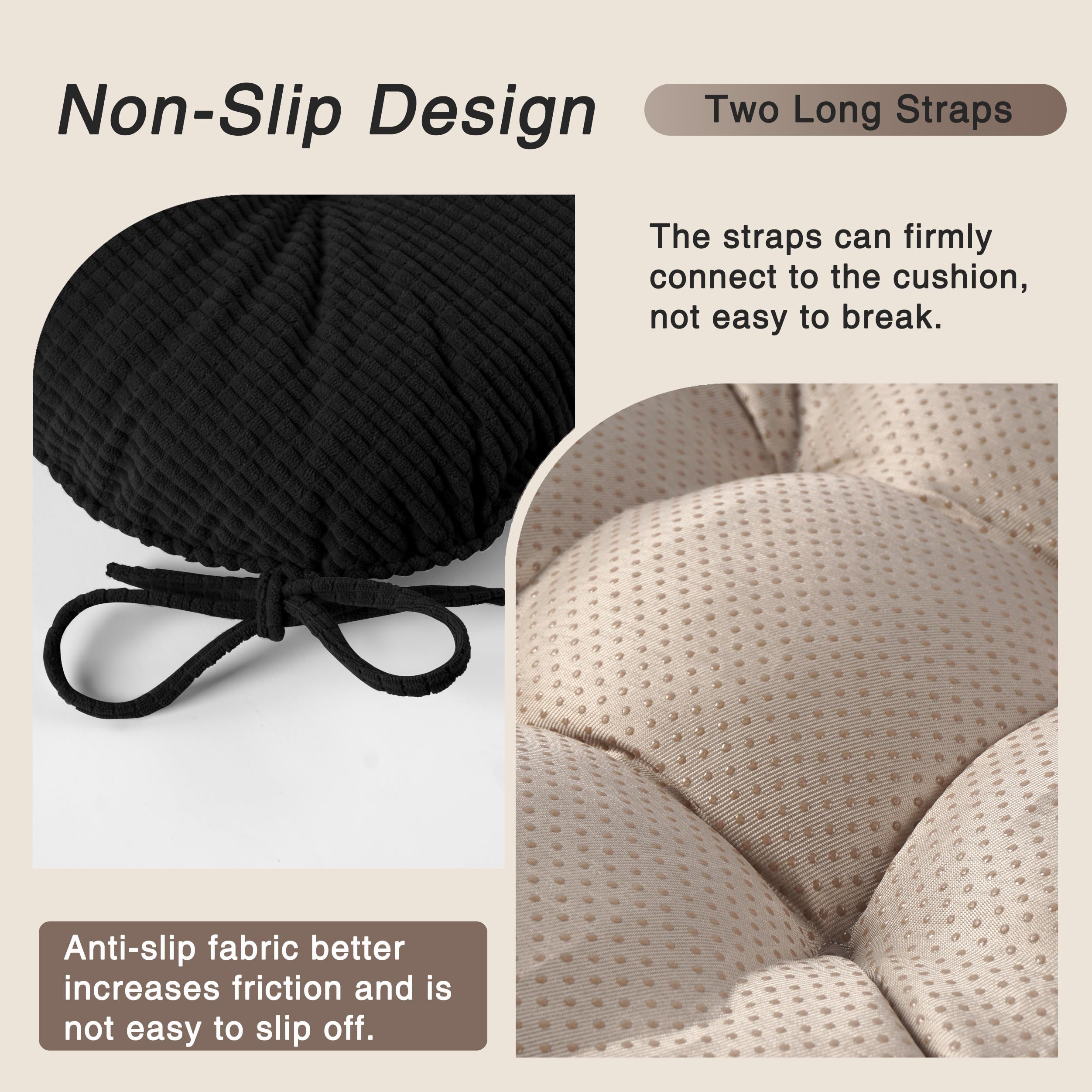 OVOV Chair Cushions for Dining Chairs Set of 4 Chair Cushion with Ties and Non-Slip Backing Tufted Thick Kitchen Chair Pads Made of Soft Fabric 42x40x8cm/17x16x3inch (Black) - Image 3