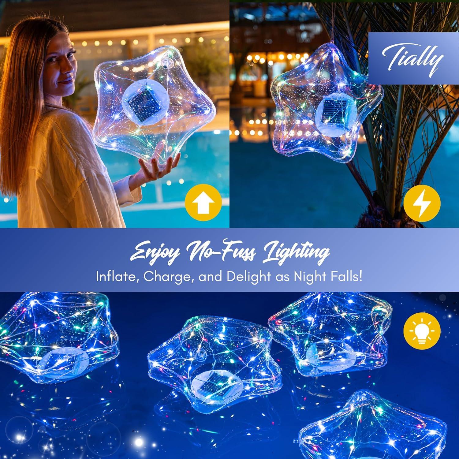 TIALLY Solar Star Lights Outdoor - 14'' Floating Pool Lights, Inflatable & Hangable Outdoor Decorations, Waterproof Solar Powered Star Light - Pool Decor (2 Pack Colored)