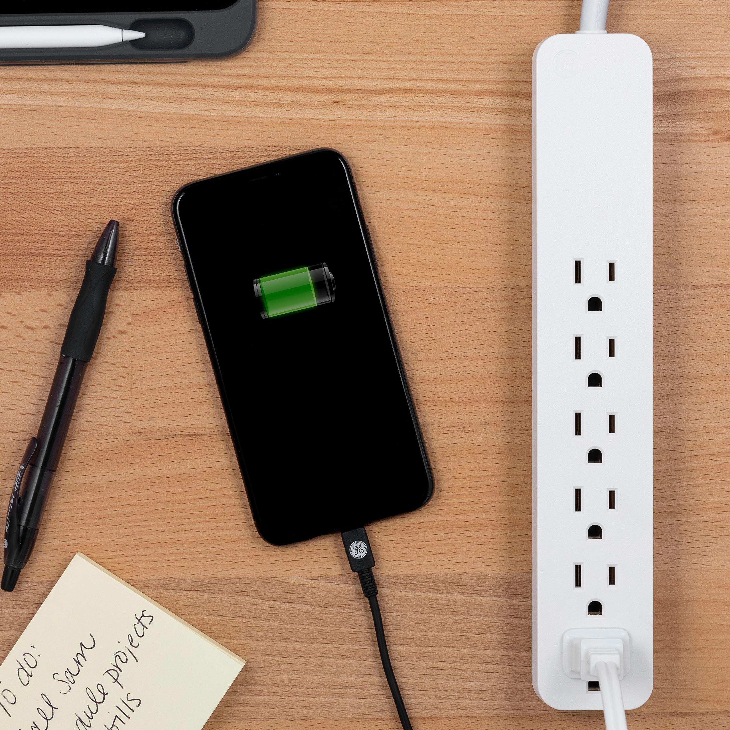 GE Pro 6-Outlet Surge Protector 2 Pack, 2 Ft Extension Cord, 620 Joules, Power Strip, Flat Plug, Integrated Circuit Breaker, Wall Mount, UL Listed, White, 46867