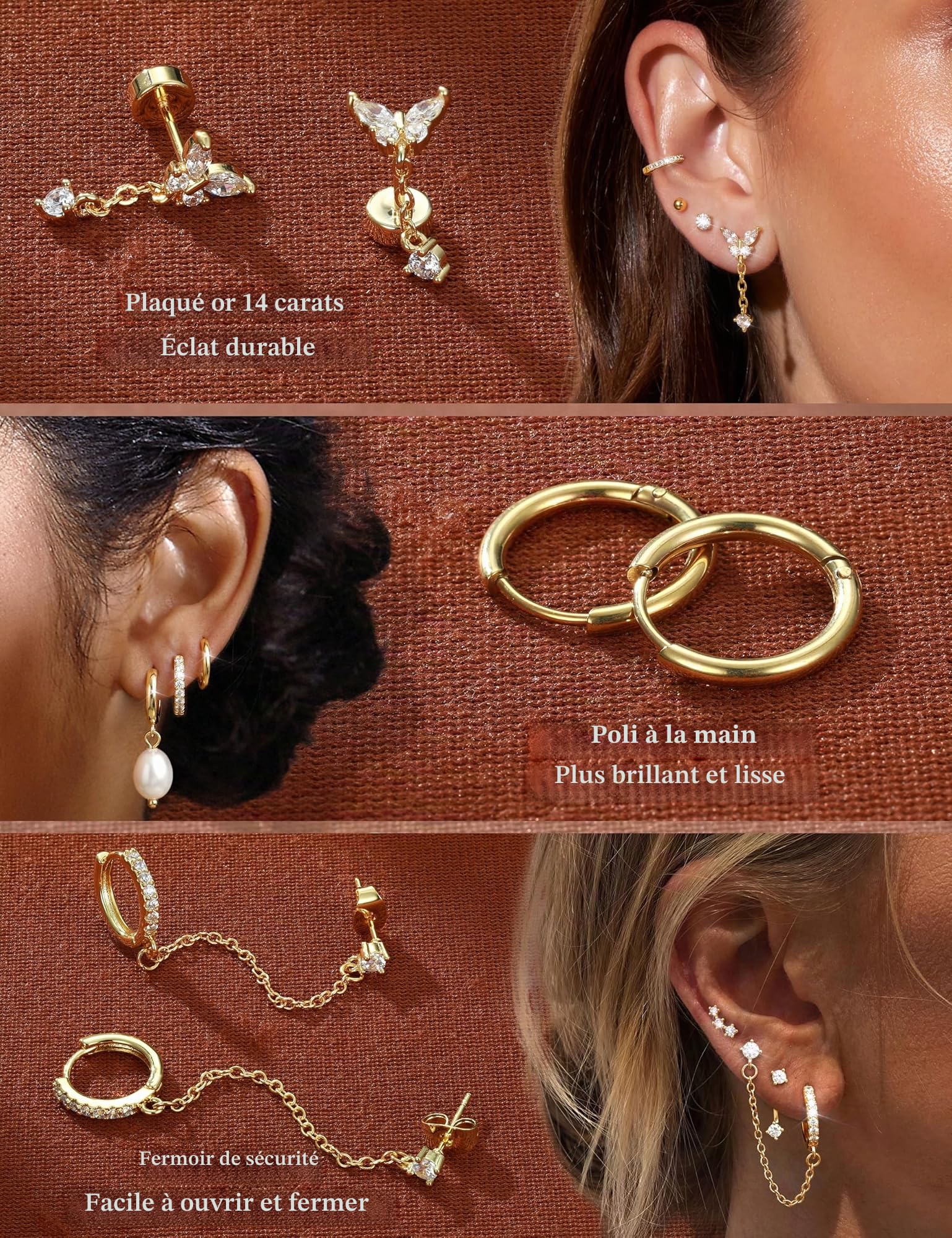 Adramata Boucles d'Oreilles Femme Or Argent Hypoallergéniques Boucles d'Oreilles Femme Acier Inoxydable Boucle d'Oreille Pendante Chaîne Creoles Petites Conch Cartilage Tragus Helix Piercing Oreille