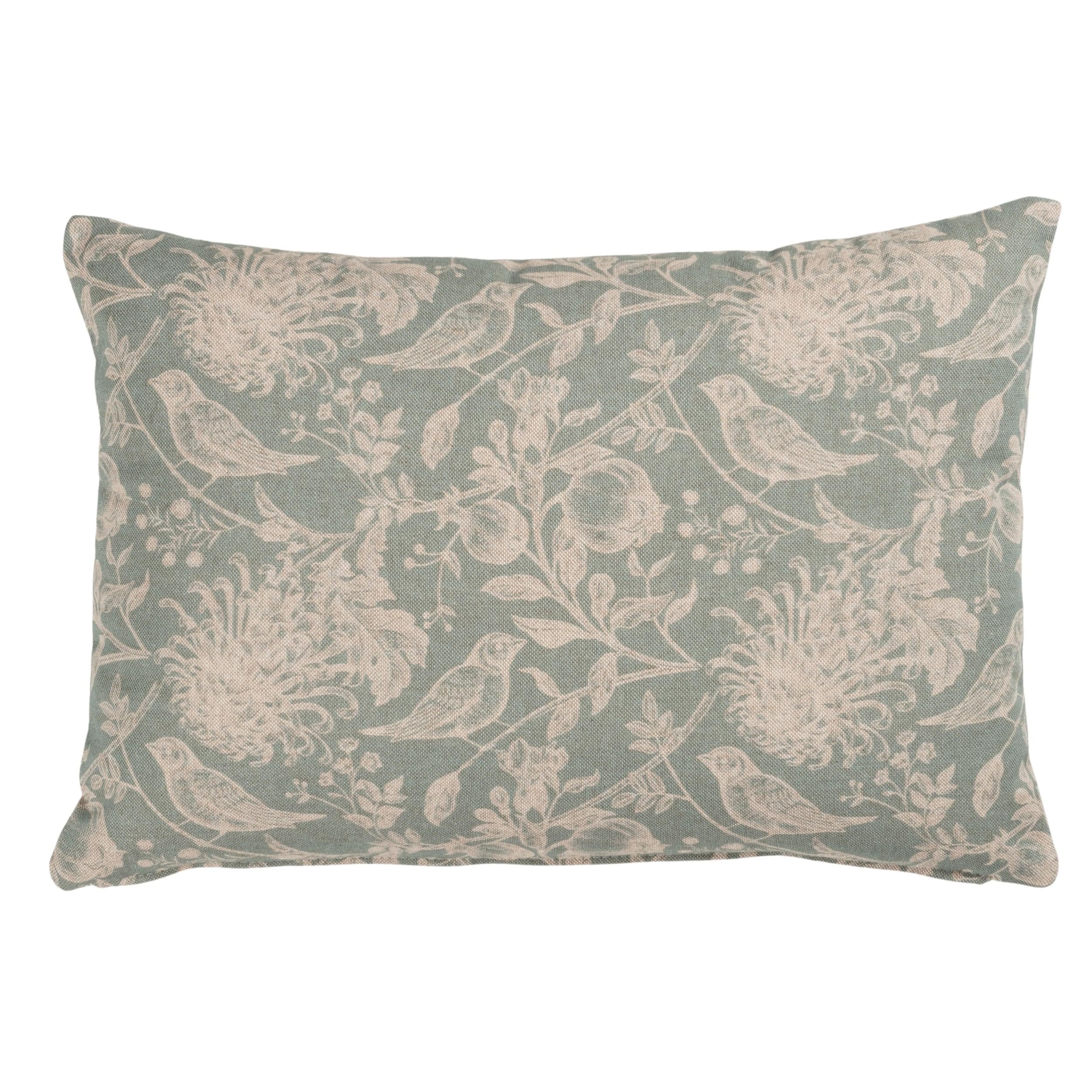 Linen Loft Aviary Toile Boudoir Cushion Cover in Duck Egg Blue. Cottagecore Shabby Chic Vintage Birds and Botanical Design in Baby Blue. 17x12 Rectangle Cover Only.