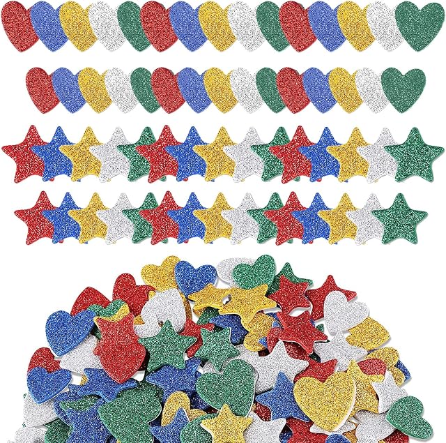 TSHAOUN 300 Pcs Colorful Glitter Foam Stickers, Heart Stickers Gold Star Stickers for Children Adults Scrapbook Card Crafts DIY Making, Wall Card Making, Creative Card Pictorial Making (300 Pcs)