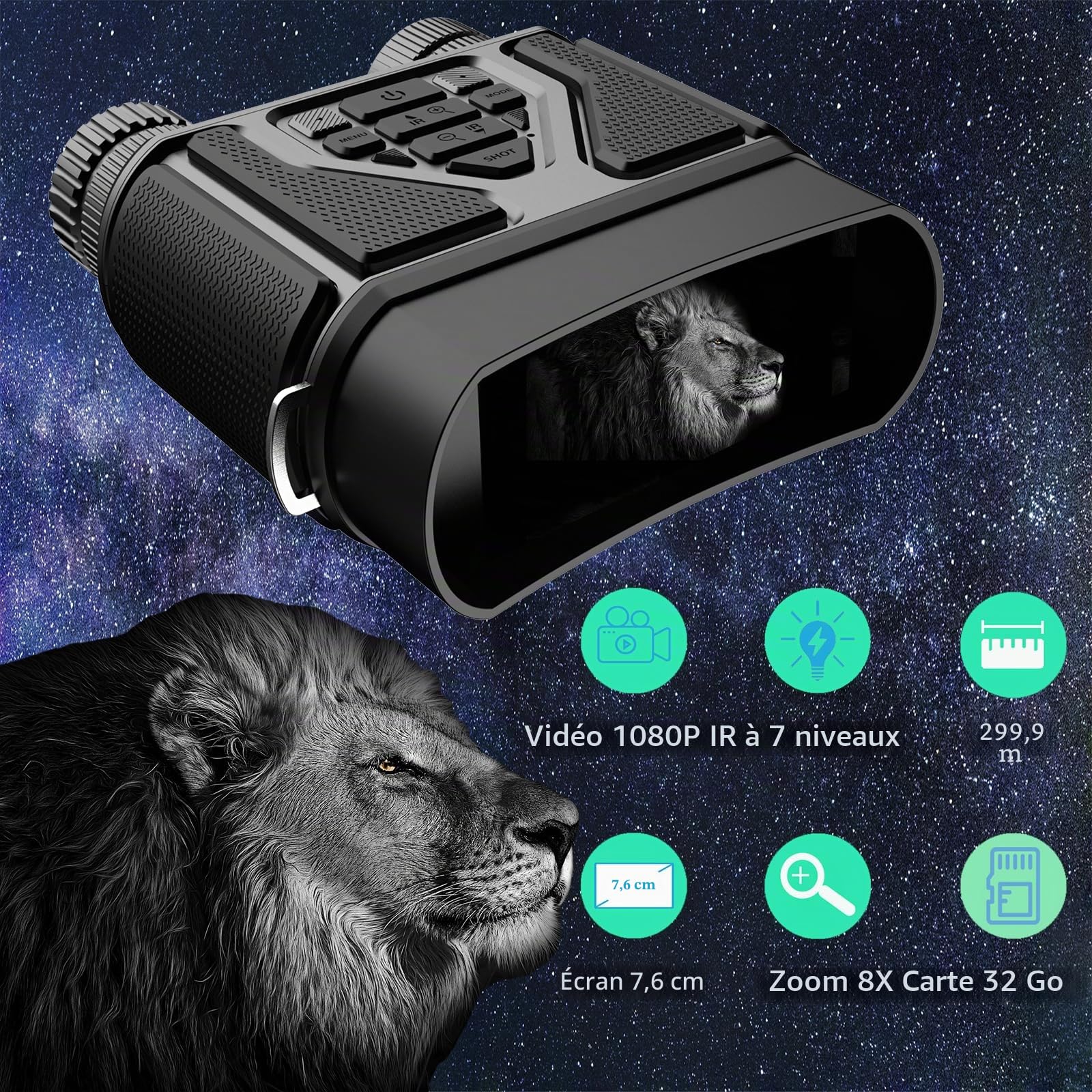 Jumelles Vision Nocturne, Portée 300m, Zoom 8X, Batterie 4000mAh, Carte 32GB Incluse