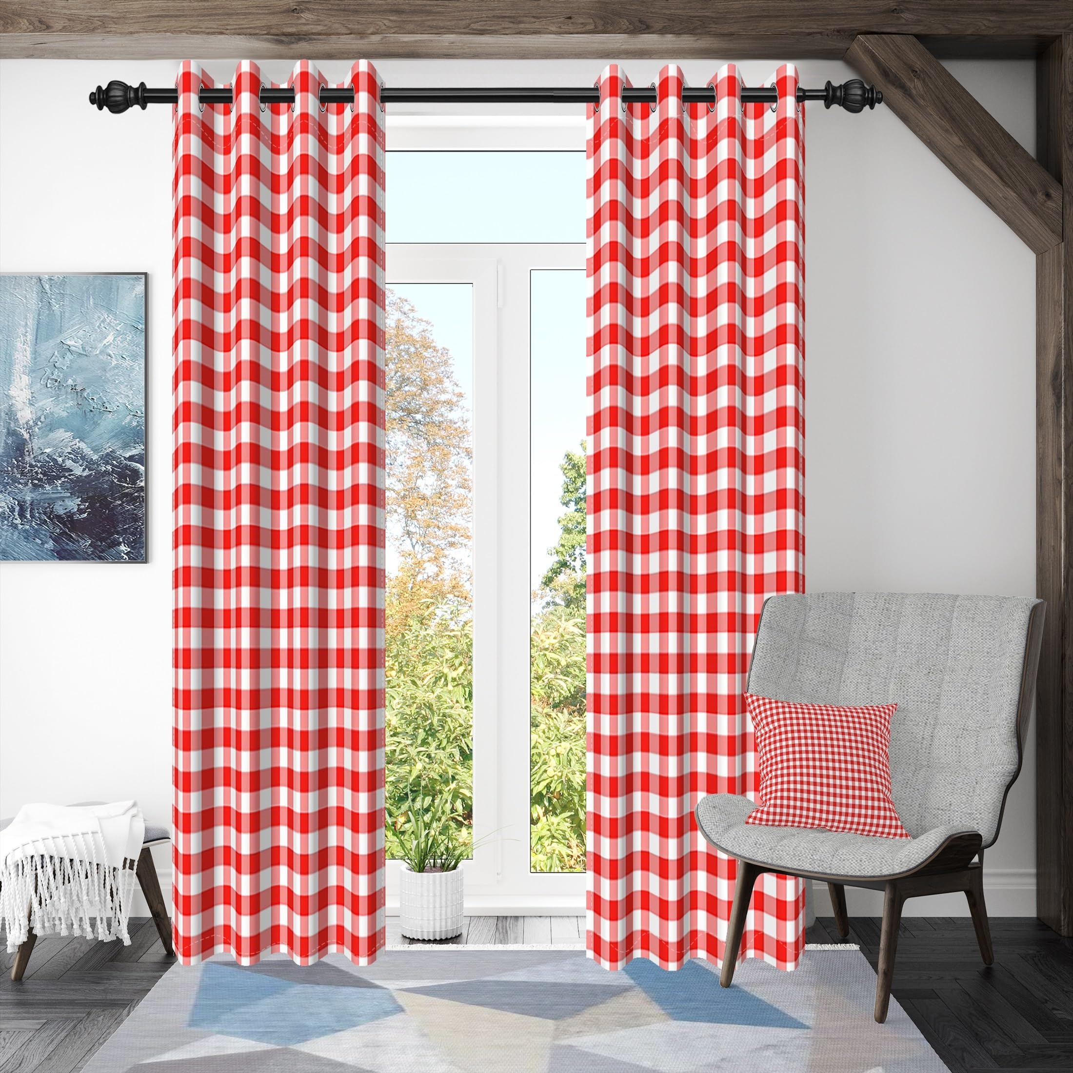 117x183cm Plaid Rideau à œillets Chiffon Buffalo Rouge et Blanc Classique Vichy Vintage Carrés Motif Ferme Rideaux occultants à œillets pour Chambre à Coucher et Salon,2 Panneau