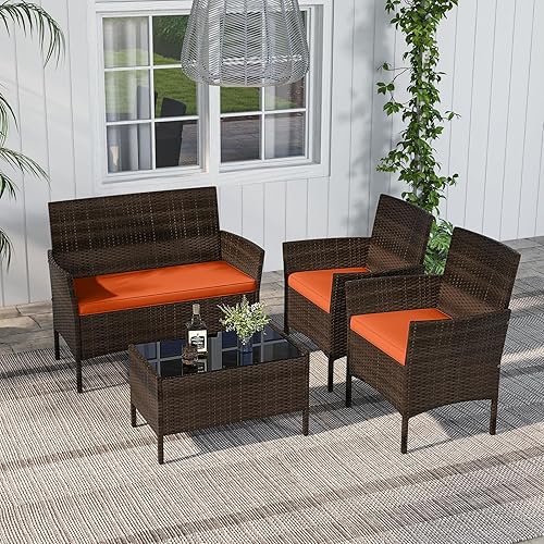 Miniatura 8 de RELAX4LIFE Juego de muebles de patio de 4 piezas Juego de muebles de ratán para conversación al aire libre con cojines, mesa de centro de cristal,