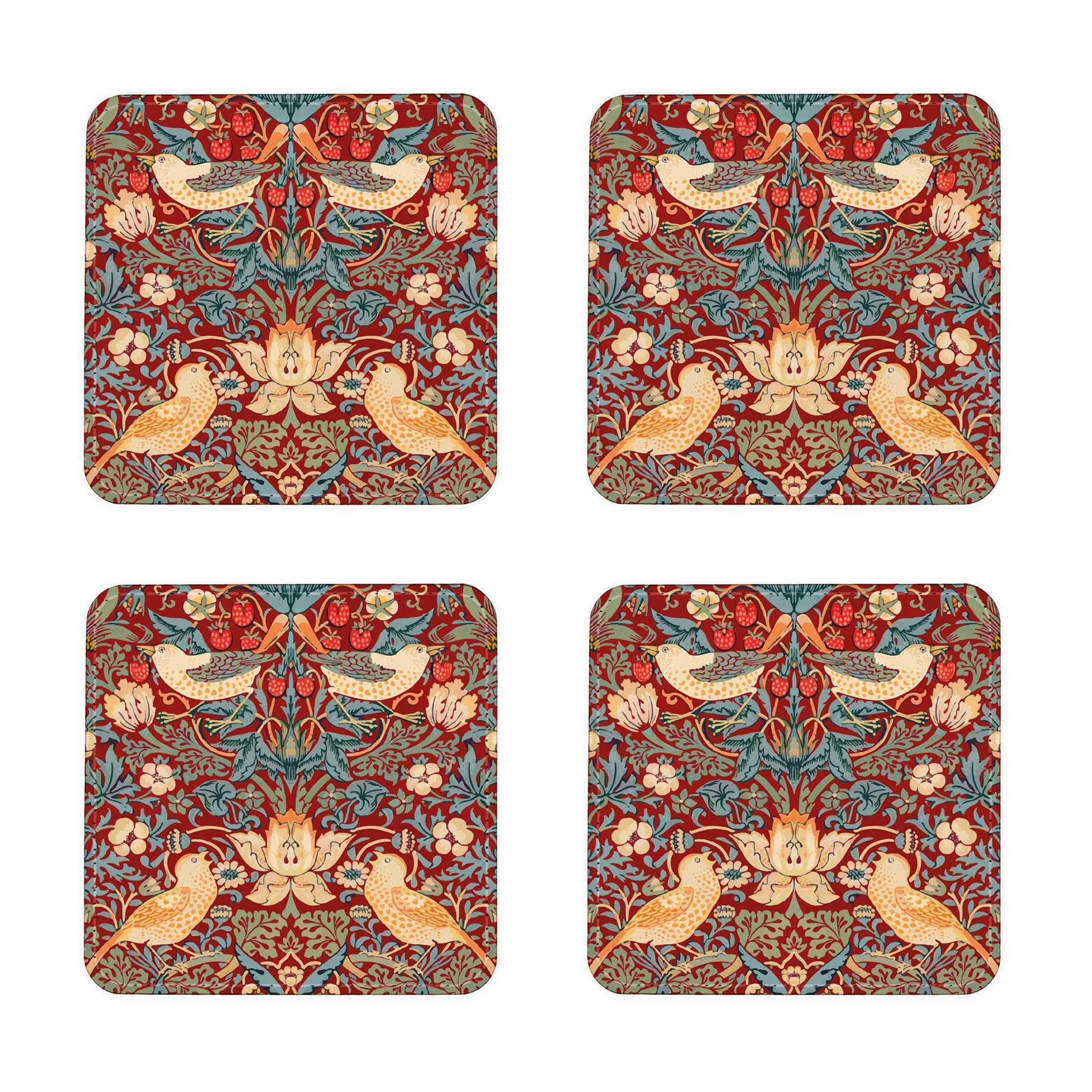 Set of 4 Red Strawberry Thief Faux Leather Coasters - Tableware Gift