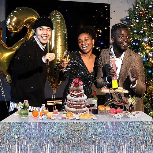 Miniatura 7 de agranjeuc Paquete de 6 faldas de mesa iridiscentes de 29.5 x 108 pulgadas, decoraciones de fiesta, faldas de mesa de oropel de papel metálico con