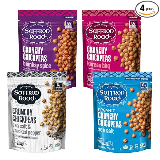 Saffron Road Roasted and Crunchy Bombay Spice, Korean BBQ, Sea Salt & Cracked Pepper Chickpeas | High Protein Snacks | Gluten-free, Vegetarian, Non-GMO, and Certified Halal and Kosher | Pack of 4