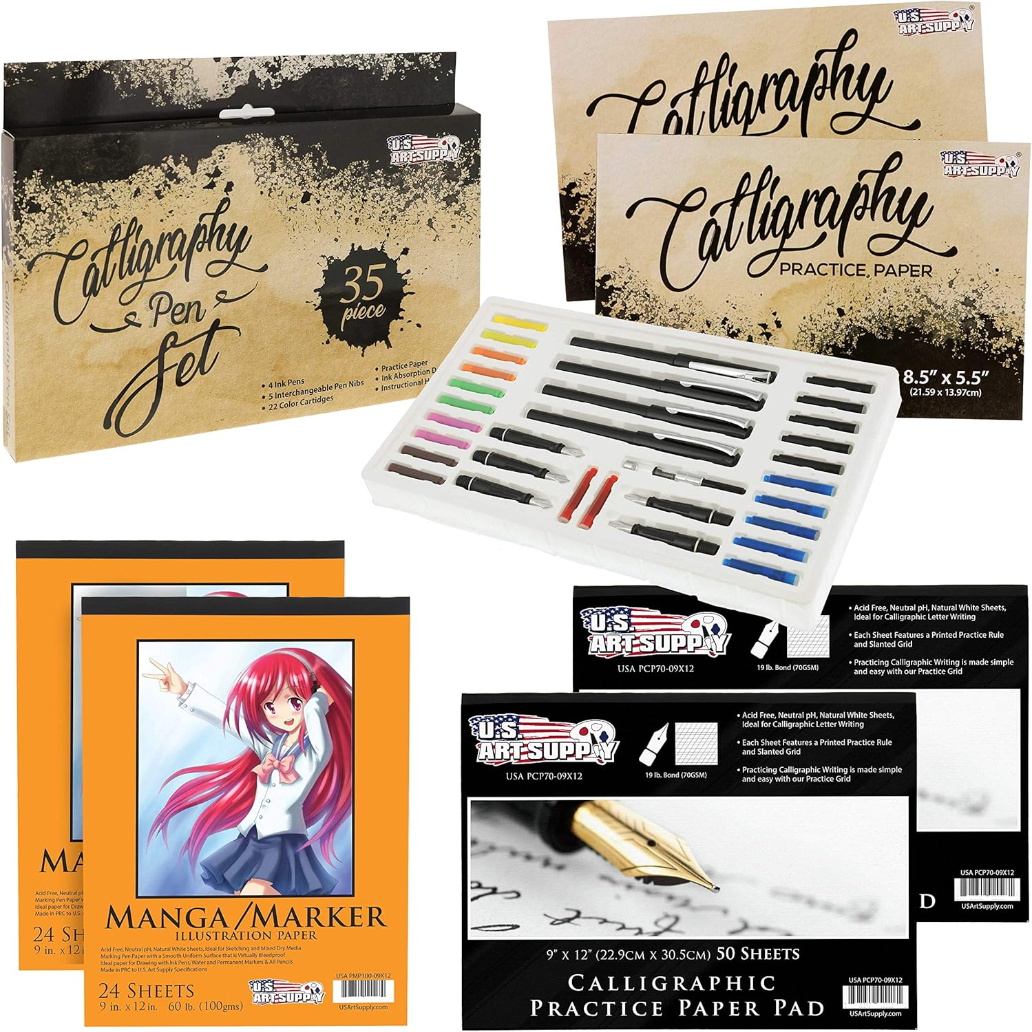 U.S. Art Supply 35 Piece Calligraphy Pen Writing Set - Interchangeable Nibs Bundled with 9" x 12" Calligraphic Practice Paper Pad 2 Pack,(70gsm) & 9" x 12" Manga-Marker Paper Pads 2 Pack