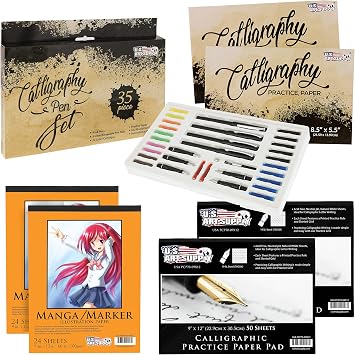 U.S. Art Supply 35 Piece Calligraphy Pen Writing Set - Interchangeable Nibs Bundled with 9" x 12" Calligraphic Practice Paper Pad 2 Pack,70gsm & 9" x 12" Manga-Marker Paper Pads 2 Pack