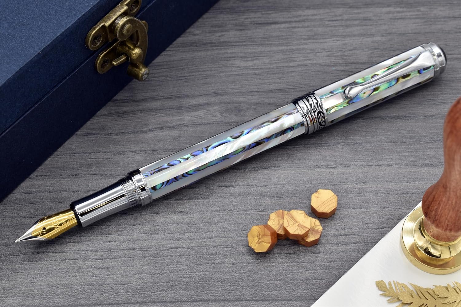 Xezo Maestro Jubilee Fountain Pen, Fine Nib (0.35mm line). Oceanic White Mother of Pearl, Pāua Abalone. Limited to 223 Pieces. Handmade, Each unique