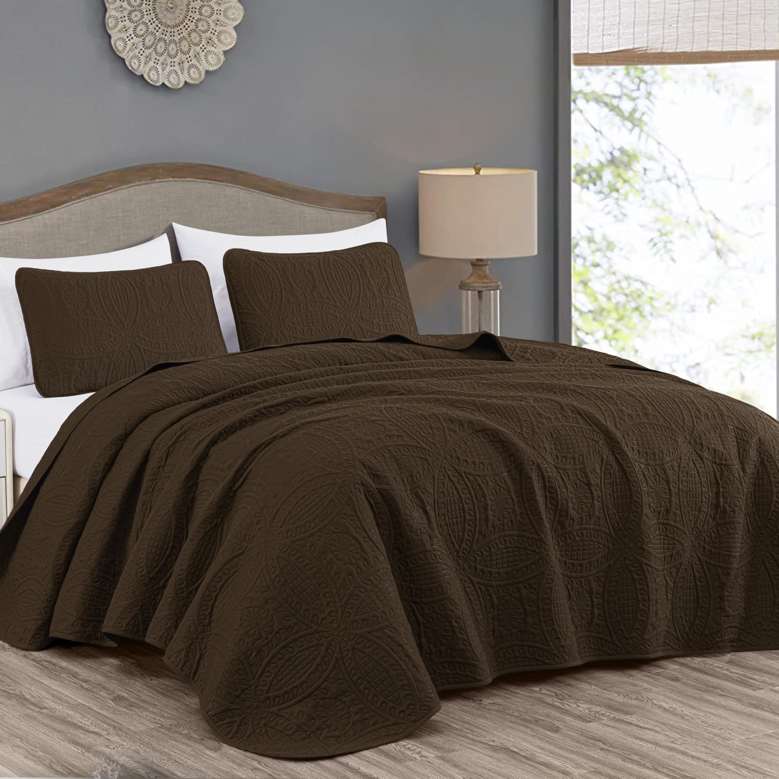 Chezmoi Collection Austin 3-Piece Oversized Bedspread Coverlet Set (Queen, Chocolate) (Pack of 6)