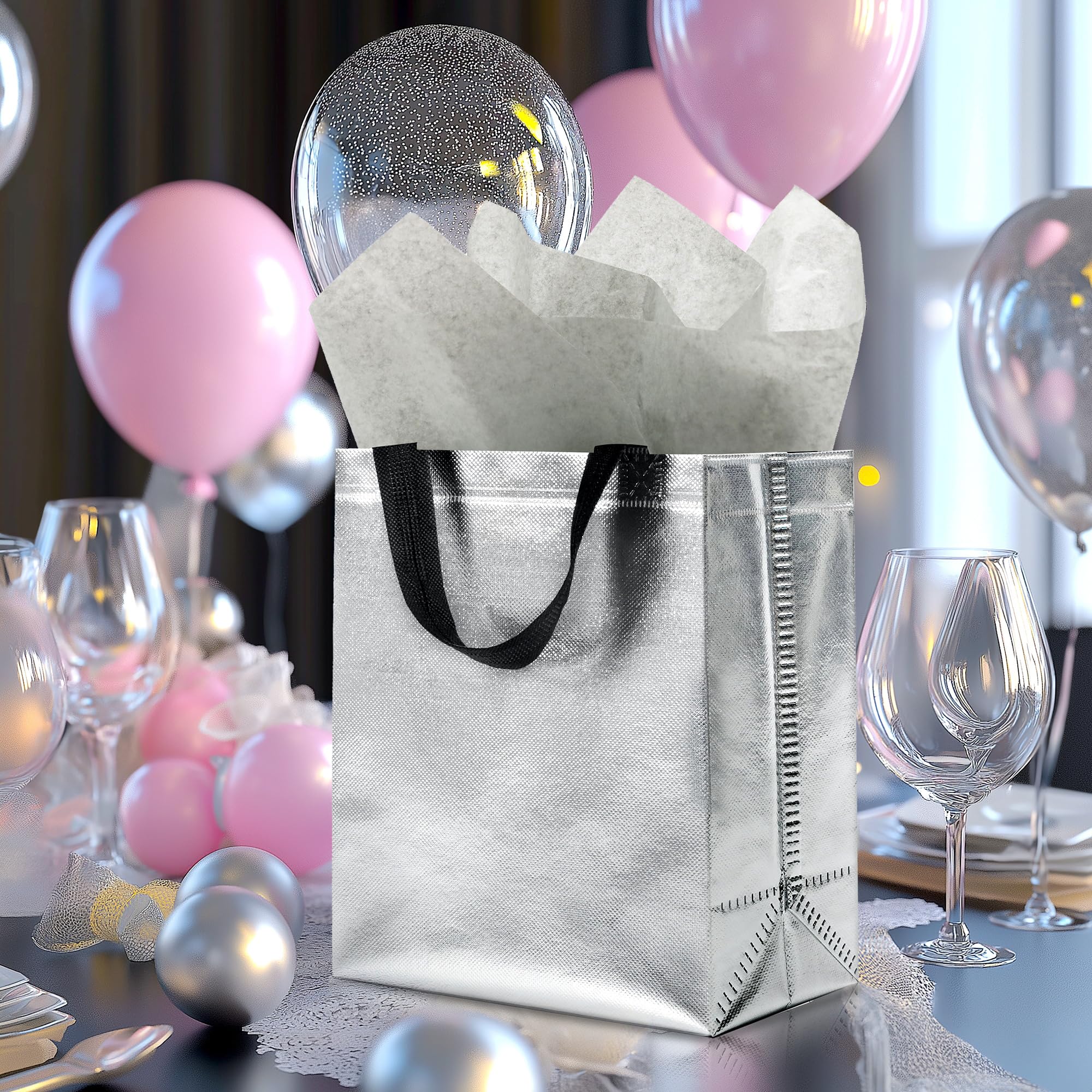 KeerxunBag 12pcs Reusable Gift Bags（Includes Tissue Paper） Gift bag with handle Birthdays Parties Holidays Weddings Medium 10x4x8in silver Gift Bags