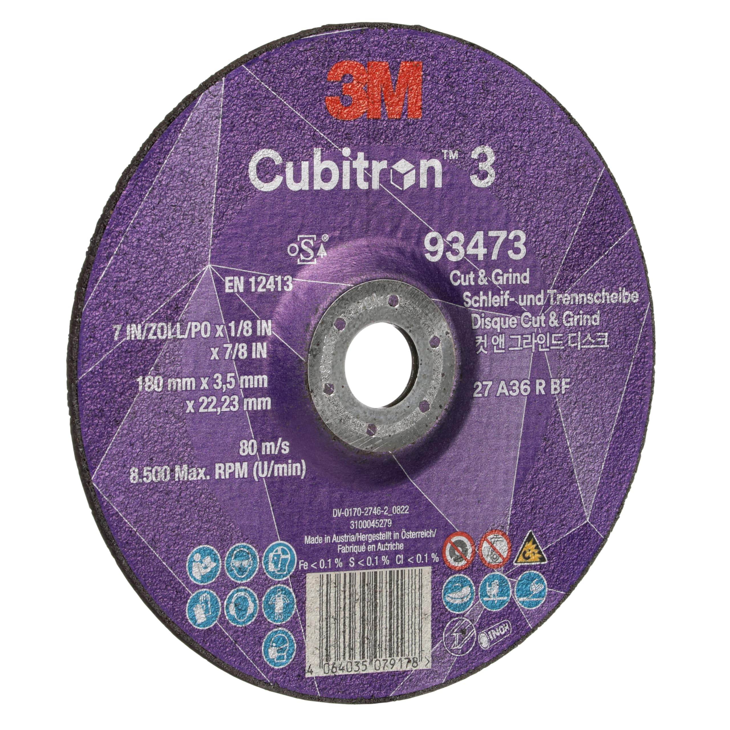 3M Cubitron 3 Disco de Corte y Desbaste, 93473, 36+, T27, EN | 180 mm x 3.5 mm x 22.23 mm, Paquete de 10 Unidades