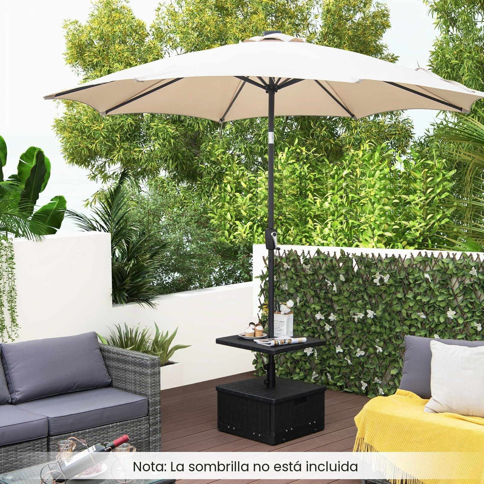 RELAX4LIFE 3 en 1 Soporte para Sombrilla Rellenable con Ruedas y Mesa Auxiliar, Base Sombrilla HDPE con Asas y Bolsa de Peso para Postes de Sombrilla 38/48 mm para Terraza/Piscina/Jardín (Negro)