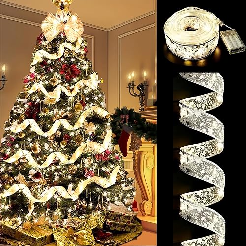 Miniatura 7 de Decoración para árbol de Navidad, tira de cinta dorada de 32 pies para árbol de Navidad, 100 luces LED, lazos de alambre de cobre, luces para