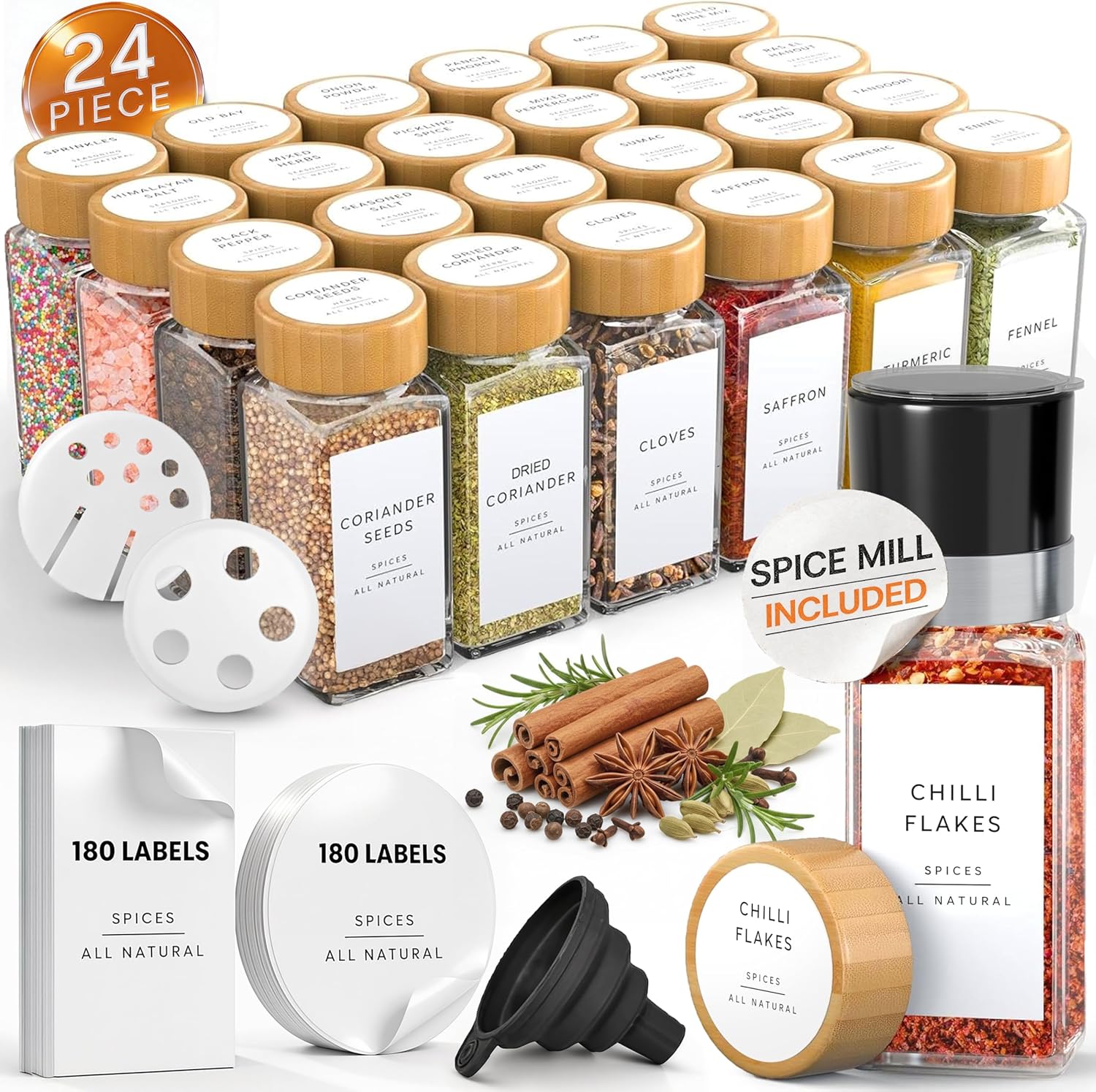 Glass Spice Jars with 360 Labels -24 pcs- 4oz- Spice Containers with Bamboo Lids -Shaker Lids- Pepper Grinder-Spice Organization for Cabinet-Drawer-Rack-Seasoning Organizer-Square bottles
