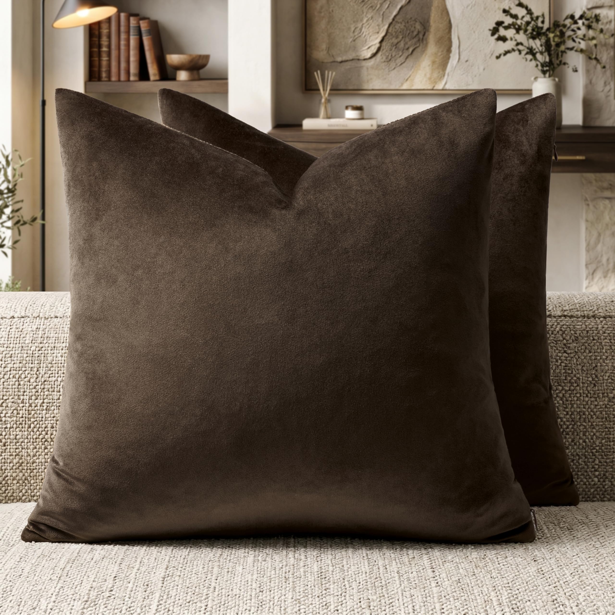 Brown Velvet Pillow Covers 20x20,Square Solid Throw Pillow Covers Decorative Modern Pillows Big Vintage Cases for Couch Pack of 2 โ image 1