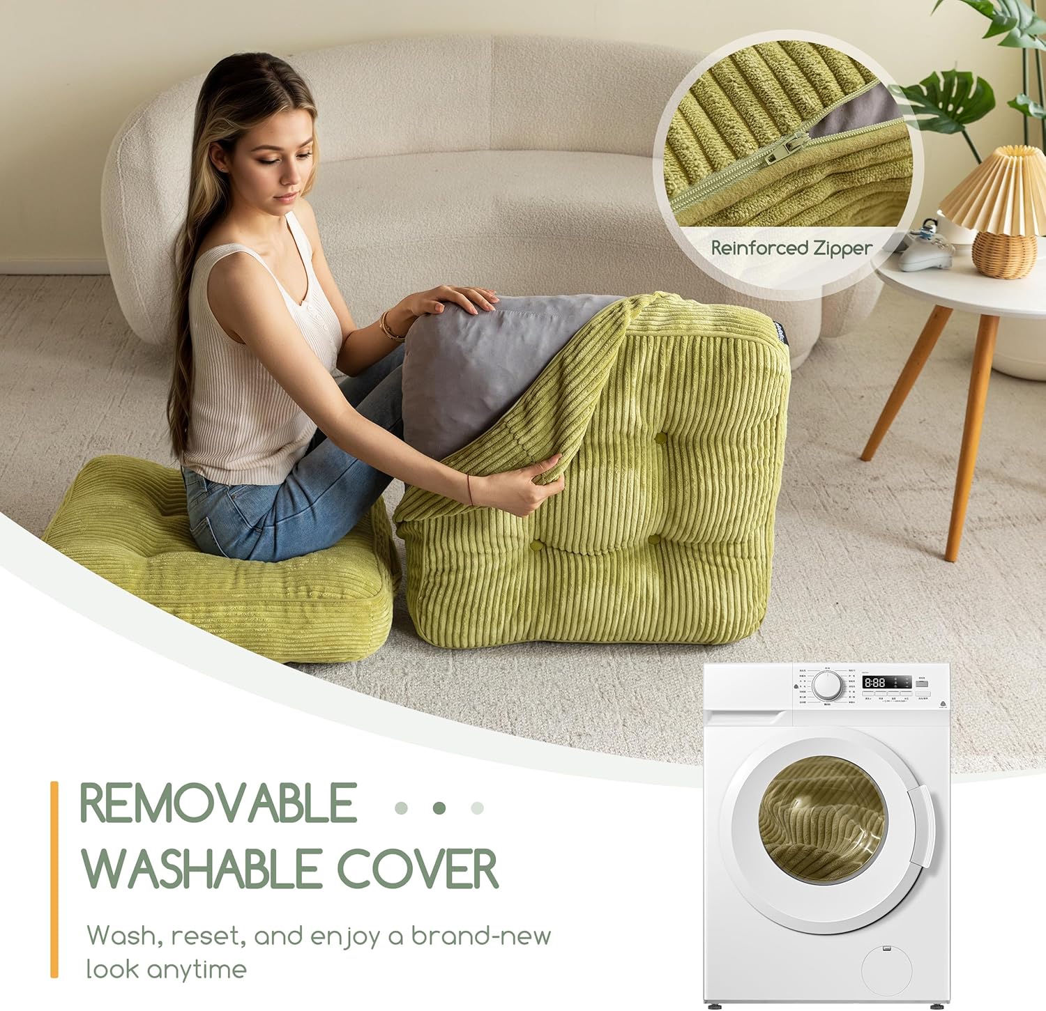 HIGOGOGO Washable Floor Pillow Cushion for Adults, Meditation Cushion Pillow, Large Square Floor Sitting, Removable Tufted Corduroy Cover, for Tatami Living Room or Yoga, 22x22 Inch, Machine Washable Square Green 4" Thick(Pack of 1)