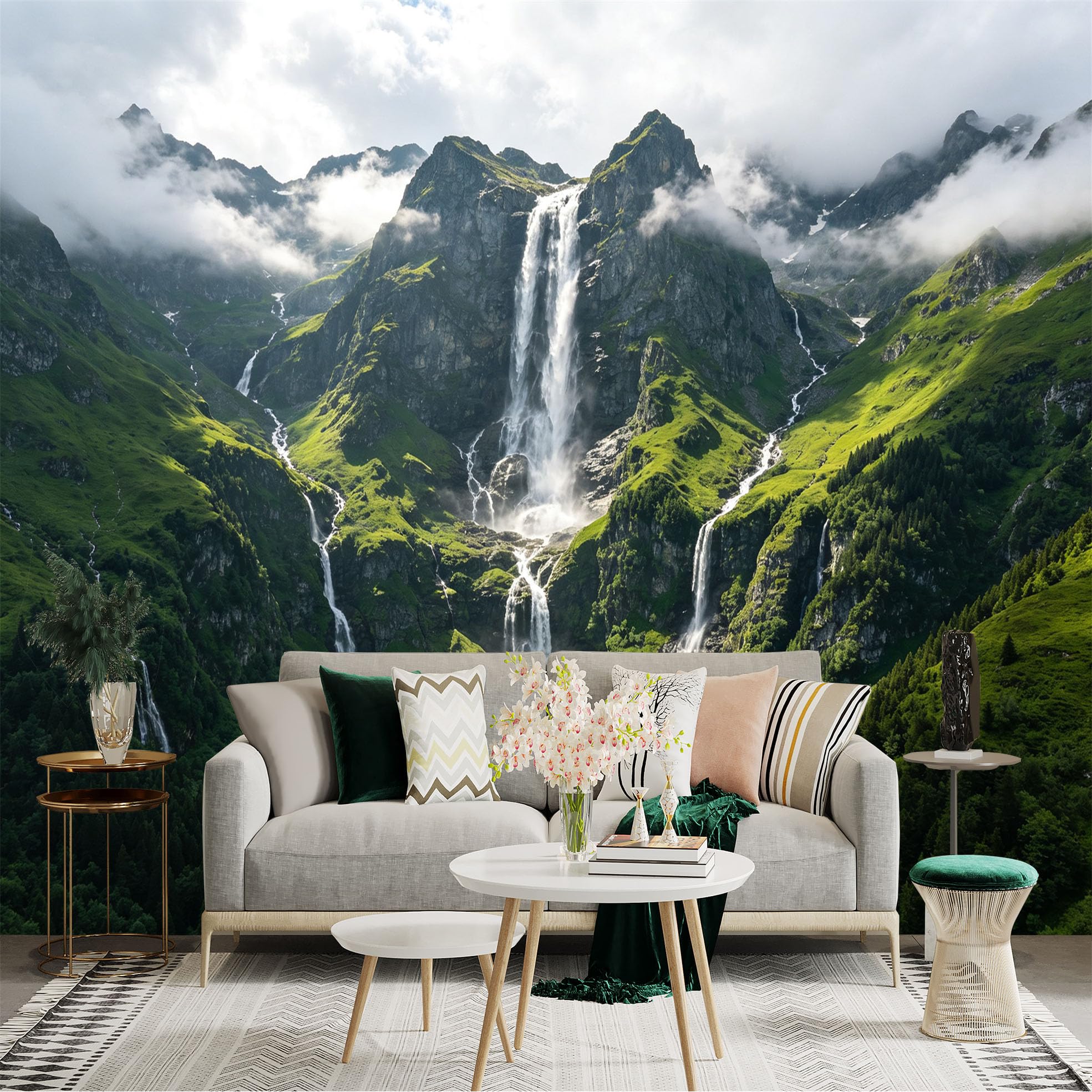 Custom Size Wall Sticker Mural， Majestic Waterfall， Lush Green Mountains， Alpine Lake Scenery， Natural Landscape View， for wall Decoration， peelandstick wall Decals.