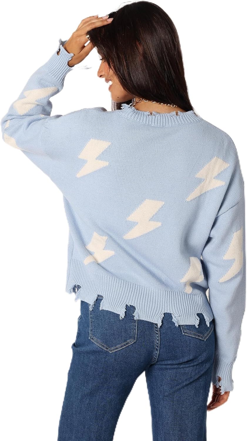 Petal & Pup Women's Lightning Bolt Printed Fray Detail Knit Sweater
