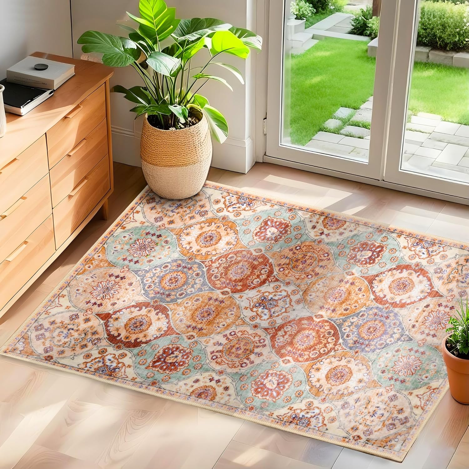 XWZO 2x3 Area Rugs Washable Rug for Living Room，Non-Slip Bedroom Rug Vintage Print Pattern Large Carpet for Office Dining Room Low Piles Indoor Carpet,Cream/Multi,2x3