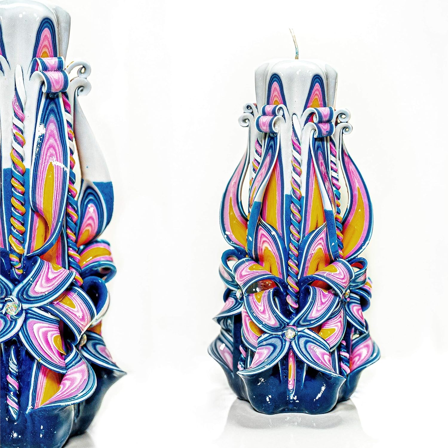 Carved Candle Artisan, Handcrafted Decorative Dipped, Home Decor, Fancy Unique Birthday Gift, New Year, Winter, Large, Thanksgiving, Christmas, Gift for mom, Blue Yellow, Majestic 8"