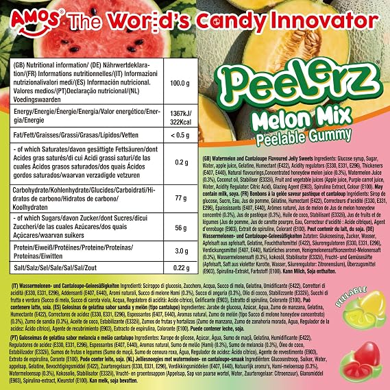 AMOS Peelerz Melon Mix Peelable Gummy Watermelon Cantaloupe Candy Sweets