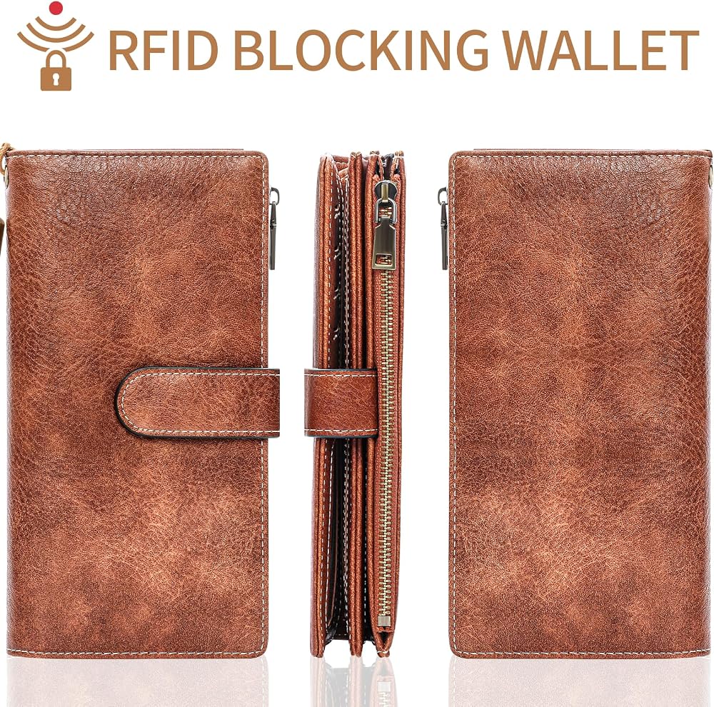 XINNSTAR Womens Wallet RFID Blocking Large Capacity Credit Card Holder Long Purses for Women with Wristlet Pocket ID Window