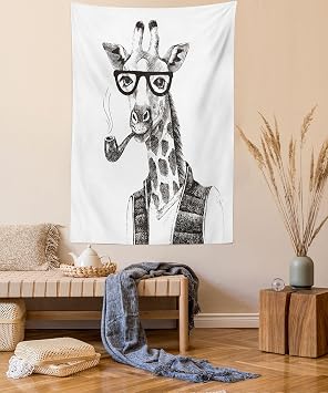 Lunarable Quirky Tapestry Twin Size, Giraffe Smoking Pipe Dressed up Zoo Animal Fun Hipster Style Drawing, Wall Hanging Bedspread Bed Cover Wall Decor, 68" X 88", Charcoal Grey