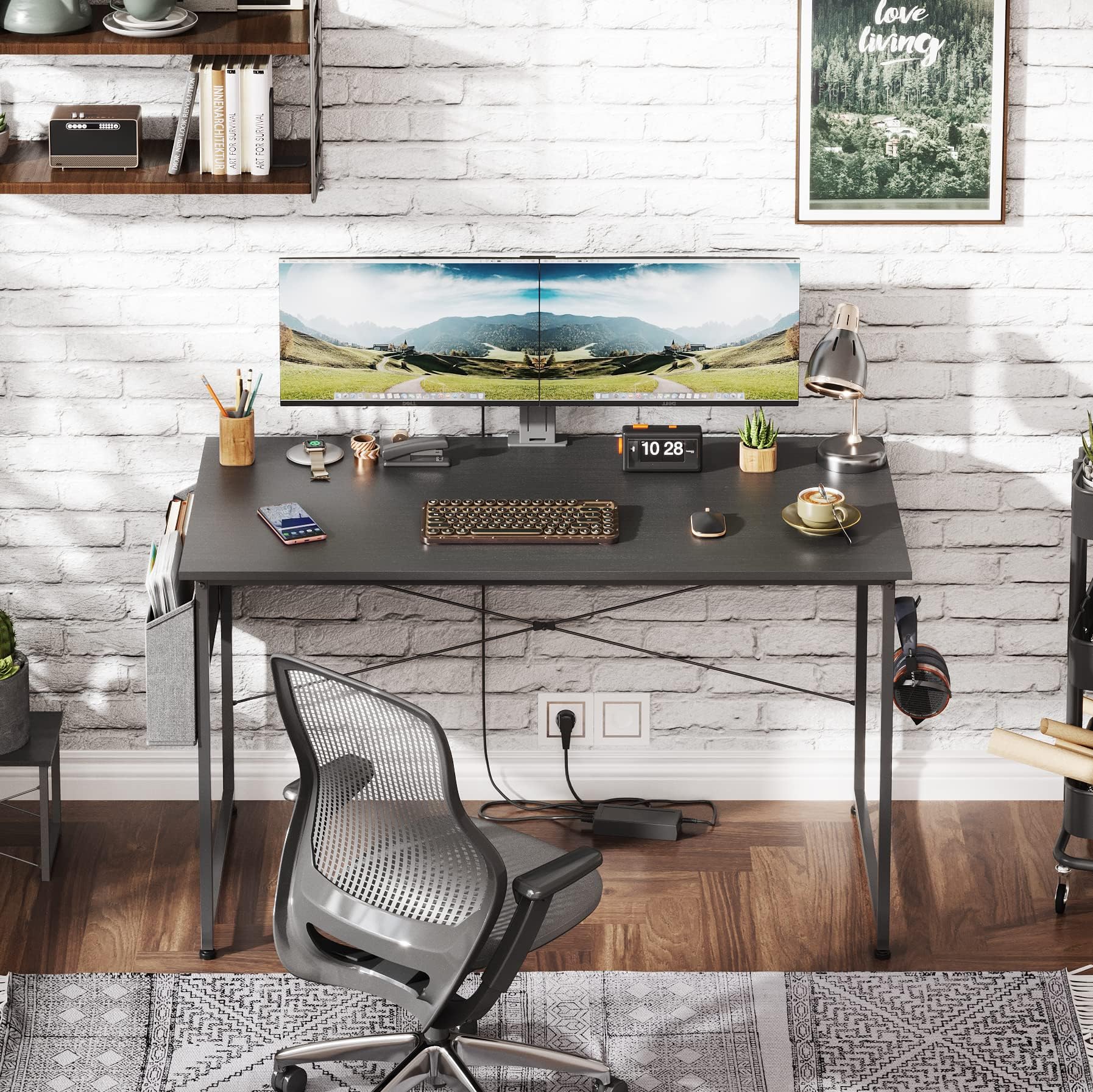 Schreibtisch, Computertisch mit Kopfhörer Halter und Aufbewahrungstasche, Stabil Arbeitstisch, Industrie-Design, PC Tisch, Kleiner Bürotisch Officetisch für Home, Office (Schwarz, 120 x 60 x 75 cm)