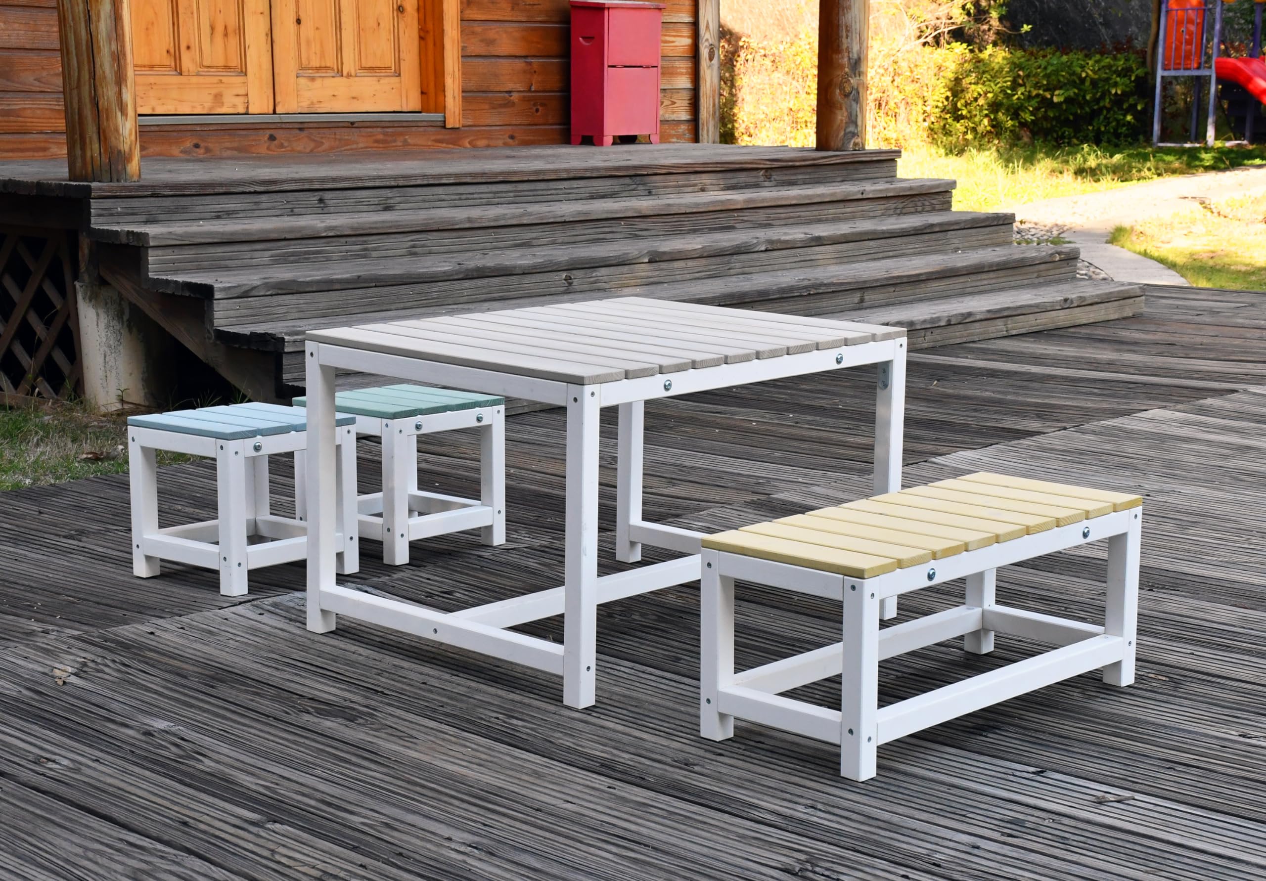 Design Kindersitzgruppe Outdoor Garten Holz mit Abdeckung, Kinder-Sitzgarnitur Indoor Picknick-Gruppe ab 3 Jahre, weiß bunt