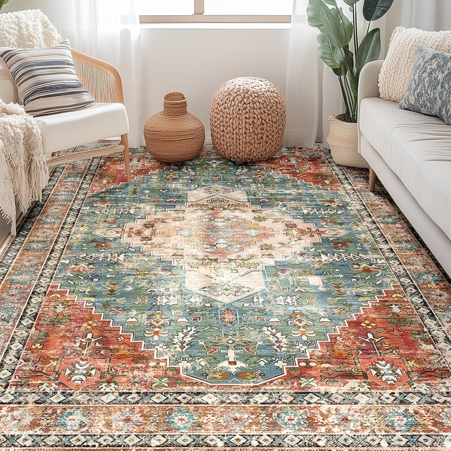 Tapis de salon vintage multicolore floral vert bleu orange 120x185 cm