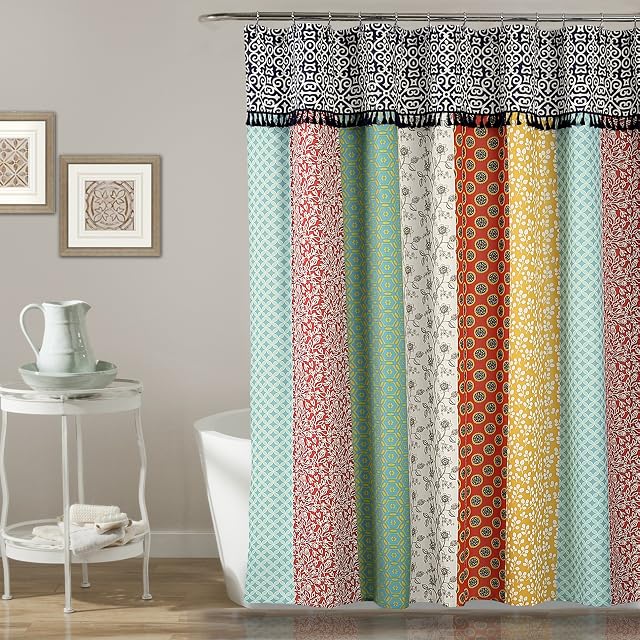 Lush Decor Boho Patch Shower Curtain-Fabric Bohemian Colorful Print Vertical Stripe Design with Tassels, 72" x 72", Multicolor, 70" x 72", Orange/Navy