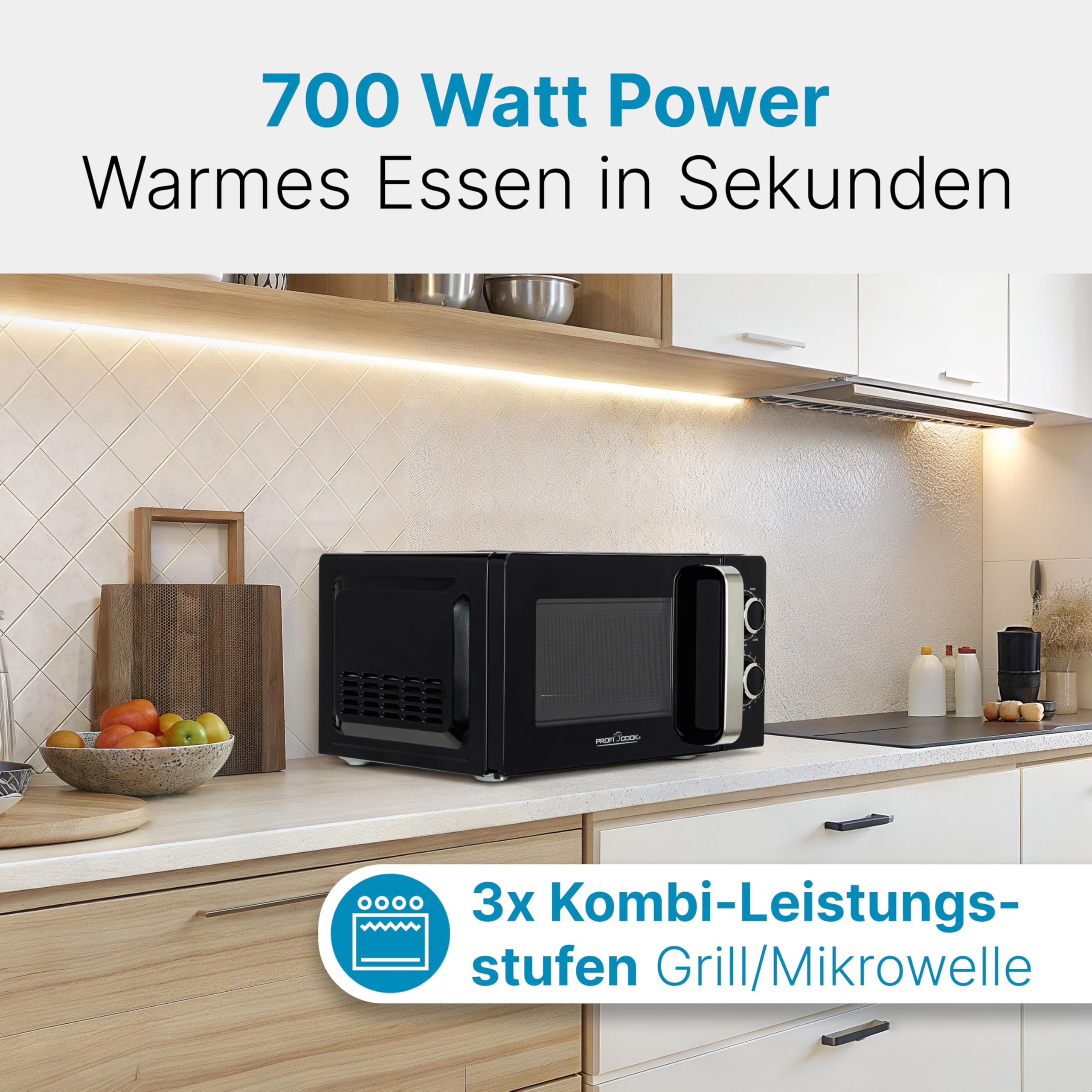 ProfiCook® Mikrowelle mit Grill | 900 Watt | 6 Stufen | 17 Liter Garraum | 360° Drehteller | Timer mit Endsignal | inkl. Grillrost | Microwelle | Microwellengerät | PC-MWG 1208 schwarz