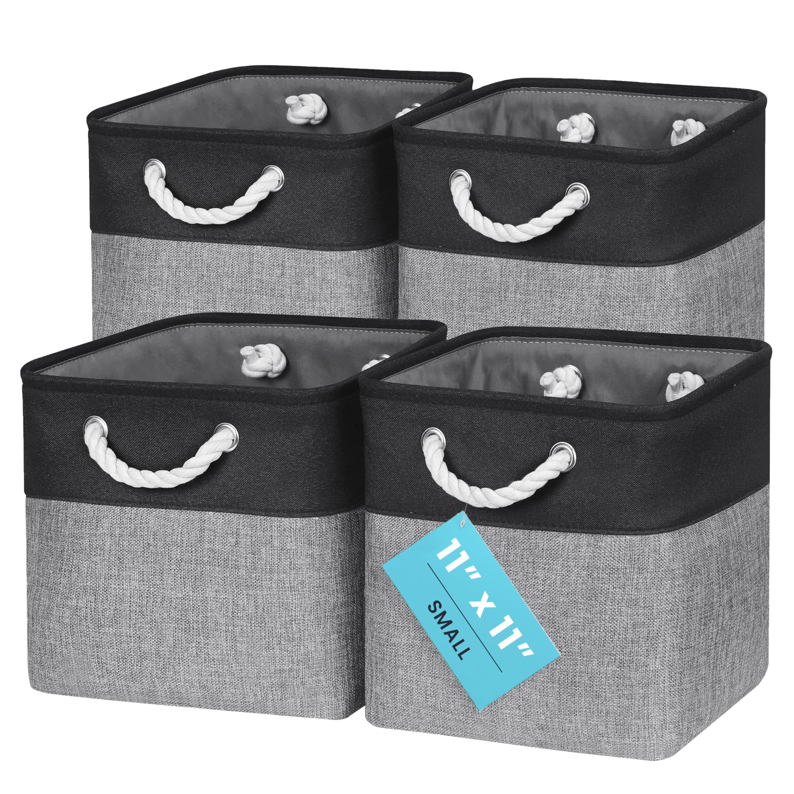OrganiHaus Fabric Storage Boxes, Set of 4 Foldable 28x28 Cube Organiser Bins with Rope Handles for Shelves, Nursery & Closet, Collapsible Storage Baskets for Toys, Clothes & More - Grey/Black
