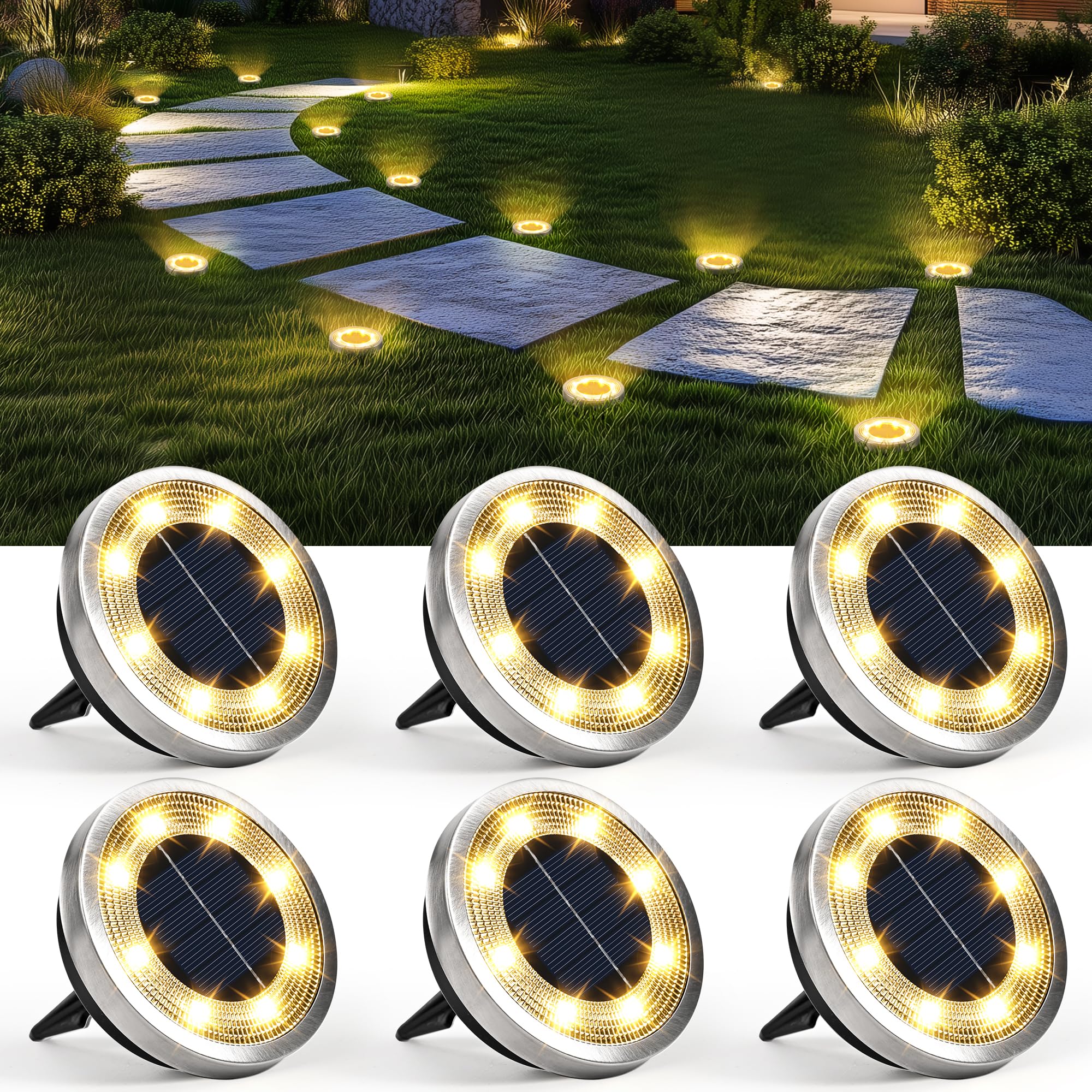 Solpex Solar Lights Outdoor Garden, Solar Powered Ground Lights, IP65 Waterproof Garden Lights for Yard, Patio, Pathway (Warm White,6 Pack)