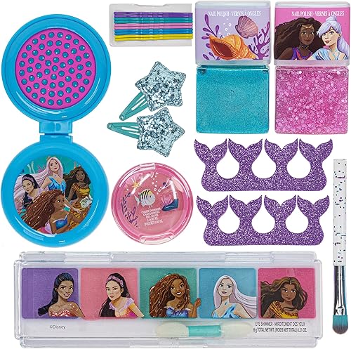 Miniatura 9 de Townley Girl The Little Mermaid - Bolsa de cadena rellena de maquillaje de 11 piezas con esmalte de uñas despegable, sombra de ojos, accesorios para