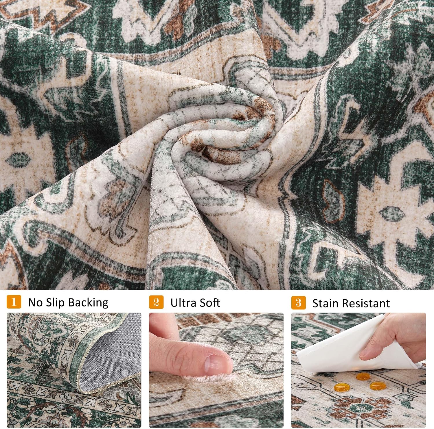 3x5 Washable Area Rugs for Living Room: Non Slip Vintage Green Rug, Large Soft Stain Resistant Indoor Floor Carpets for Bedroom Dining Room Nursery Home Office Kid & Pet Friendly